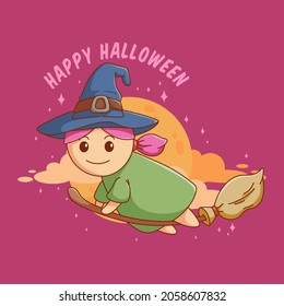 kawaii witch flying with her broomstick. Happy halloween cute invitation, banner or poster