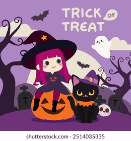 Kawaii Witch Girl with Black Cat. Adorable Halloween Illustration. Cute Witch and Cat with Pumpkin for Halloween. Spooky Halloween Night with Kawaii Witch, Cat, and Ghost.