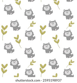 Kawaii wolf seamless pattern with cute forest animal and leaves. Adorable baby wolf in cartoon style. Perfect for kids' textiles, wallpapers and background. Modern vector illustration in pastel colors