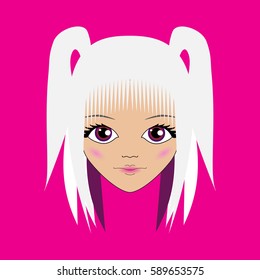 kawaii women's smiling face with big fiolet eyes Anime and blonde hair with fringe