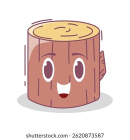 Kawaii wooden character line icon with thin strokes and pastel colors. Features a cute face and playful details. Perfect for nature-themed designs, digital art, and eco-friendly concepts.