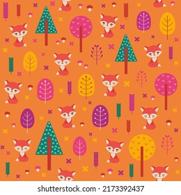 Kawaii woodland seamless pattern with cute fox. Fall autumn palette orange pink purple. Cute surface print repeat design tile with fox.