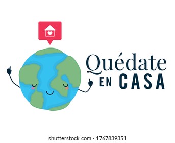 kawaii world cartoon and quedate en casa text design of Covid 19 virus theme Vector illustration