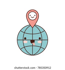kawaii world globe and kawaii map pointer on top in colorful silhouette