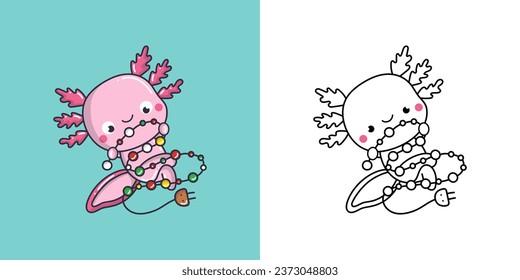 Kawaii Xmas Axolotl Multicolored and Black and White. Beautiful Clip Art Christmas Reptile. Cartoon Vector Illustration of a Kawaii Marine Animal for New Year Stickers. 