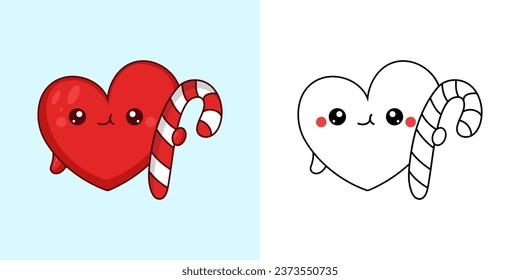 Kawaii Xmas Heart Multicolored and Black and White. Beautiful Clip Art Christmas Heart. Cartoon Vector Illustration of a Kawaii Character for New Year Stickers. 
