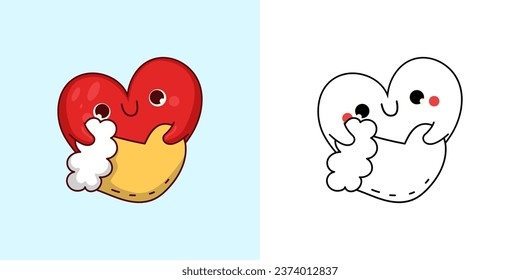 Kawaii Xmas Heart Multicolored and Black and White. Beautiful Clip Art Christmas Heart. Cartoon Vector Illustration of a Kawaii Character for New Year Stickers. 