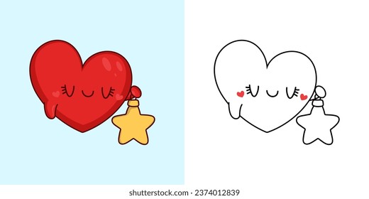 Kawaii Xmas Heart Multicolored and Black and White. Beautiful Clip Art Christmas Heart. Cartoon Vector Illustration of a Kawaii Character for New Year Stickers. 