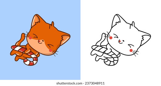 Kawaii Xmas Red Cat Multicolored and Black and White. Beautiful Clip Art Christmas Kitty. Cartoon Vector Illustration of a Kawaii Pet for New Year Stickers. 