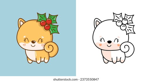 Kawaii Xmas Shiba Inu Dog Multicolored and Black and White. Beautiful Clip Art Christmas Puppy. Cartoon Vector Illustration of a Kawaii Animal for New Year Stickers. 