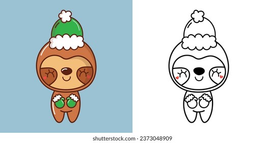 Kawaii Xmas Sloth Multicolored and Black and White. Beautiful Clip Art Christmas Forest Animal. Cartoon Vector Illustration of a Kawaii Animal for New Year Stickers. 