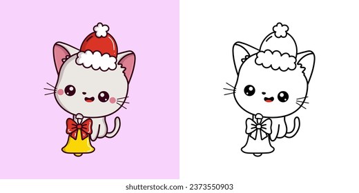 Kawaii Xmas White Cat Multicolored and Black and White. Beautiful Clip Art Christmas Kitten. Cartoon Vector Illustration of a Kawaii Pet for New Year Stickers. 