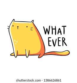 Kawaii yellow cat with a blank face, whatever lettering. Design for print (t-shirt, poster, greeting card, sticker). Hand drawn vector illustration. Isolated on white background.