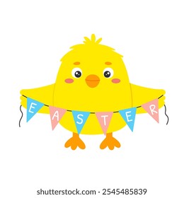 Kawaii yellow chick character holding colorful Easter banner. Flat vector illustration on white background. Concept for Easter