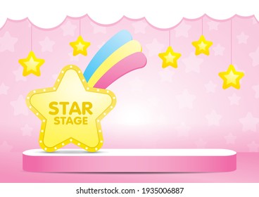 kawaii yellow meteor light bulb signage on long pink podium with hanging stars.