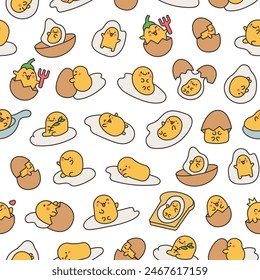 Kawaii yolk with funny face. Seamless pattern. Cartoon egg character for breakfast. Hand drawn style. Vector drawing. Design ornaments.