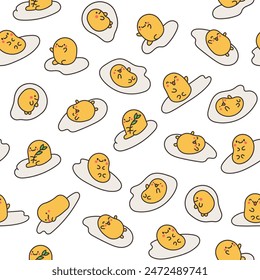 Kawaii yolk with funny face. Seamless pattern. Cartoon egg character for breakfast. Hand drawn style. Vector drawing. Design ornaments.