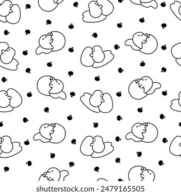 Kawaii yolk with funny face. Seamless pattern. Coloring Page. Cartoon egg character for breakfast. Hand drawn style. Vector drawing. Design ornaments.