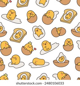 Kawaii yolk with funny face. Seamless pattern. Cartoon egg character for breakfast. Hand drawn style. Vector drawing. Design ornaments.