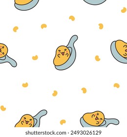Kawaii yolk with funny face. Seamless pattern. Cartoon egg character for breakfast. Hand drawn style. Vector drawing. Design ornaments.