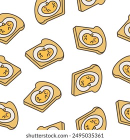 Kawaii yolk with funny face. Seamless pattern. Cartoon egg character for breakfast. Hand drawn style. Vector drawing. Design ornaments.