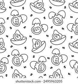 Kawaii yolk with funny face. Seamless pattern. Coloring Page. Cartoon egg character for breakfast. Hand drawn style. Vector drawing. Design ornaments.