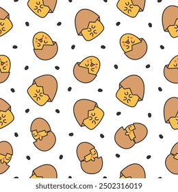 Kawaii yolk with funny face. Seamless pattern. Cartoon egg character for breakfast. Hand drawn style. Vector drawing. Design ornaments.