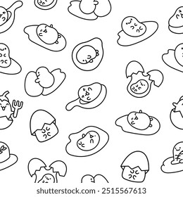 Kawaii yolk with funny face. Seamless pattern. Coloring Page. Cartoon egg character for breakfast. Hand drawn style. Vector drawing. Design ornaments.