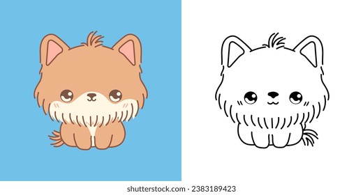 Kawaii Yorkshire Terrier Puppy Multicolored and Black and White. Beautiful Isolated Puppy. Funny Vector Illustration of a Kawaii Pet for Prints for Clothes, Stickers, Baby Shower. 