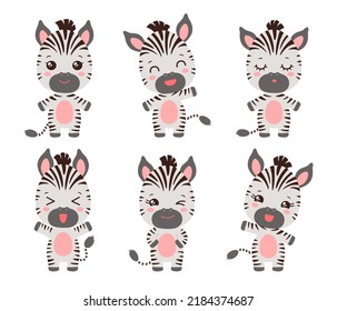 Kawaii zebra Emoticons Gesichtsausdrücke. Emoji-Tiersymbole. Zebra chibi Stil Cartoon Charakter Emotionen - ruhig, glücklich, lachen, lächeln, winkend, winden. Cute baby Zebra Vektorgrafik.