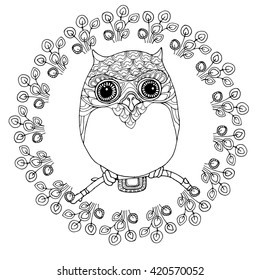 Kawaii zentangle owl in a  wreath, vector design for adult colouring book, blake and white doodle