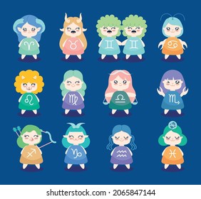 kawaii zodiac characters icon set