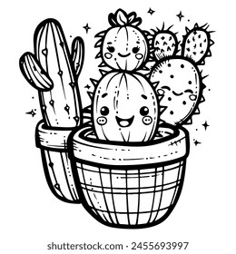 Kawaiicore Cactus Wonderland: Black and White Coloring Magic Unleashed