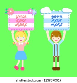 kawaii,cute,sweet,colorful,pastel boy and girl holding label blank paper speech bubble balloon think,speak,talk,template,flat,design,vector,illustration text box banner frame cartoon character