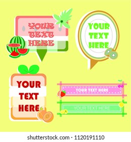 kawaii,cute,sweet,colorful,pastel fruits text box frame,speech bubble, and banner balloon think speak talk flat design vector illustration set with watermelon,kiwi,orange,strawberry,cherry,lemon