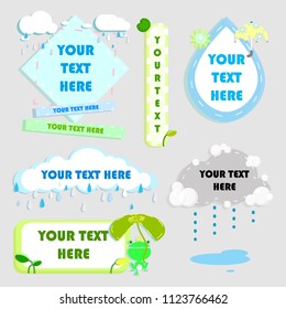 kawaii,cute,sweet,colorful,pastel rainy season weather element speech bubble balloon think,speak,talk,template,flat,design,vector,illustration text box banner frame set with rain,cloud,frog,lotus leaf