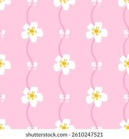 Kawaii-inspired floral and heart pattern with wave background. Seamless vector design ideal for wrapping paper, fabric, and feminine spring-themed decor