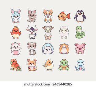 Tierische Figuren im Kawaii-Stil, jede einzigartig gestaltet und farbenfroh. Der Stil ist niedlich und cartoonhaft, mit einem Schwerpunkt auf spielerische Ausdrücke und Einfachheit.