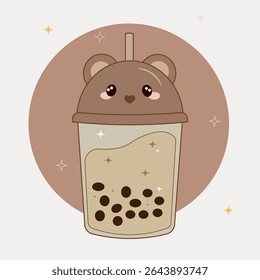 A kawaii-style bubble tea drink with a bear shaped lid and a happy face, drawn in soft pastel colors. 