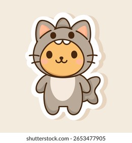 Um gato estilo kawaii vestido com uma fantasia de tubarão azul brincalhão, com um capuz de barbatana, bochechas redondas e uma expressão alegre.