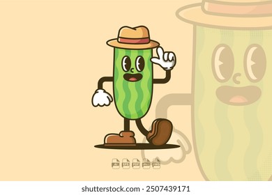 A kawaii-style cucumber standing and smiling, designed in a cute, retro, and cartoon style.