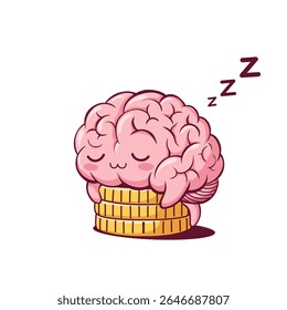 A kawaii-style cute cartoon brain sleeping peacefully on a pile of golden coins, with stars and sparkles around. Represents laziness, comfort in wealth, or financial apathy. Great for humorous financi