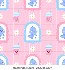 Modelo inconsútil del dino del estilo de Kawaii que presenta flores, guinga, y colores alegres. Diseño de Vector hecho para la moda del bebé, impresiones del vivero, y productos textiles femeninos
