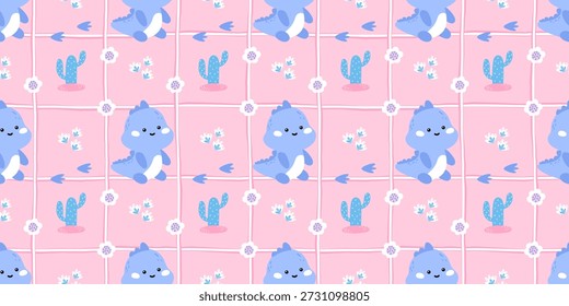Modelo inconsútil del dino del estilo de Kawaii con las flores, el gingham, y los colores alegres. Diseño de Vector hecho para moda de bebé, estampados de guardería y productos textiles femeninos