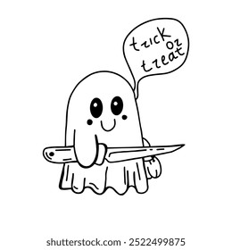 A kawaii-style ghost holding a knife and a pumpkin candy basket with the phrase 'trick or treat'. 