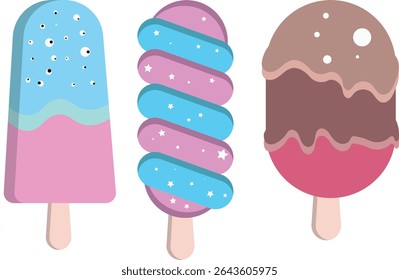 Clipart de sorvete estilo Kawaii com rostos felizes e cores brilhantes. Inclui cones, copos e picolés. Ideal para projetos infantis, imprimíveis e projetos digitais divertidos.