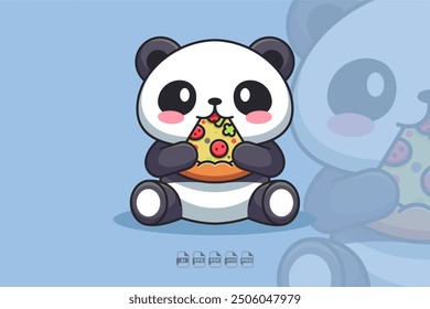 A kawaii-style illustration of an adorable panda enjoying a delicious slice of pizza with pure joy.