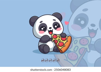 Una ilustración al estilo kawaii de un adorable panda disfrutando de una rebanada de pizza en un diseño divertido y de dibujos animados.