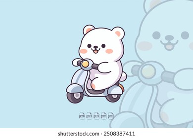 A kawaii-style illustration of an adorable polar bear happily riding a scooter, designed in a charming retro and cartoon aesthetic.