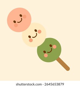 A kawaii-style Japanese yakitori mochi skewer with smiling mochi balls in soft pastel tones.